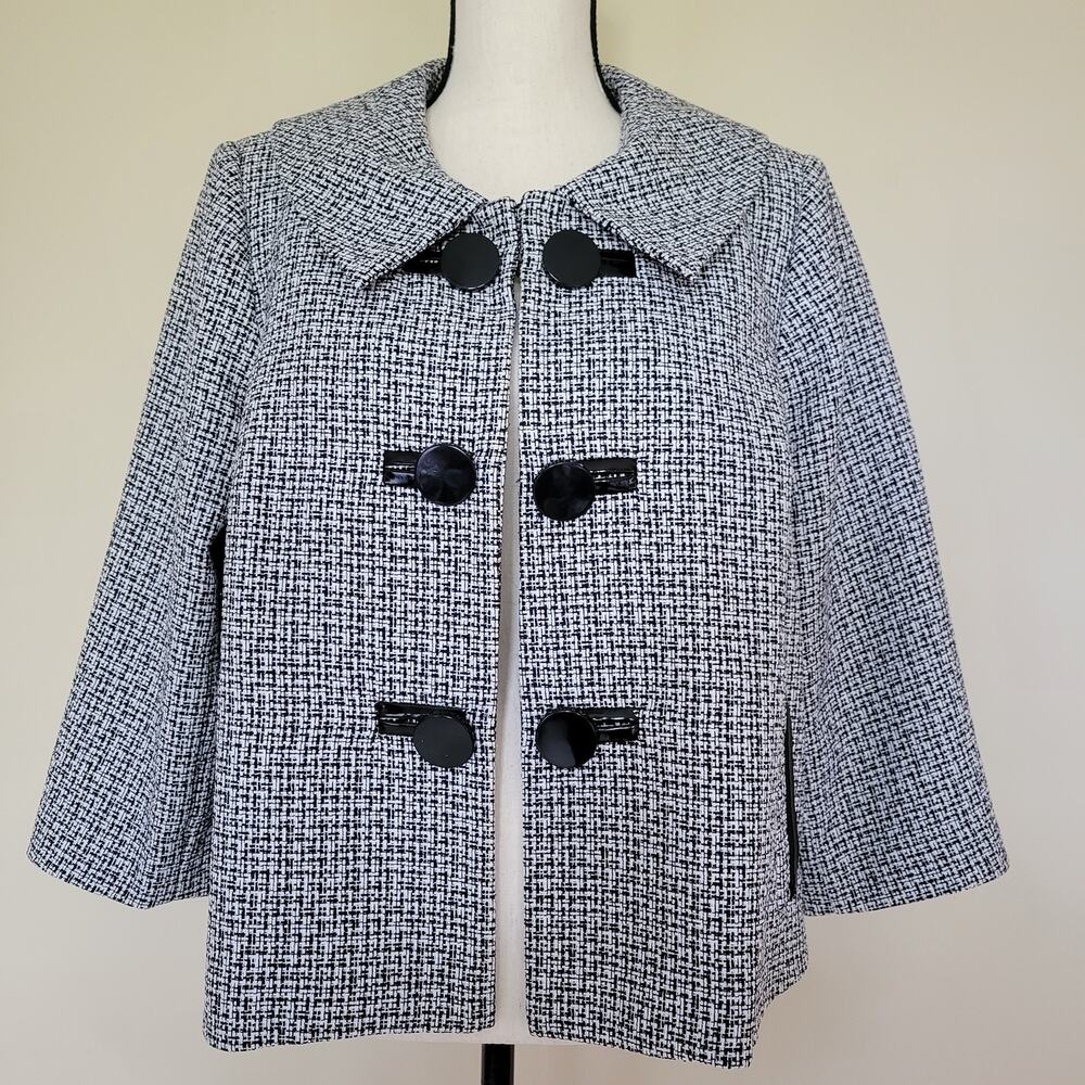 dressbarn Woman Size 1X Blazer Jacket Short Swing 3/4 Sleeve Black White Tweed